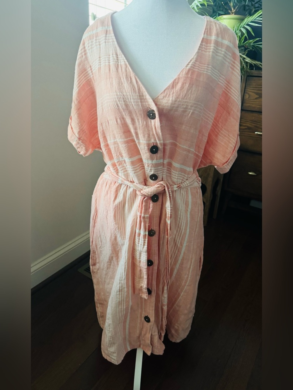 Women's linen Pink Striped Midi Dress with Button Front